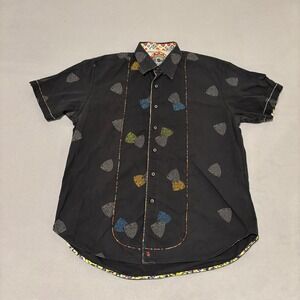 Robert Graham Mens XL Black Guitar Pick Print Short Sleeve Button Down Shirt